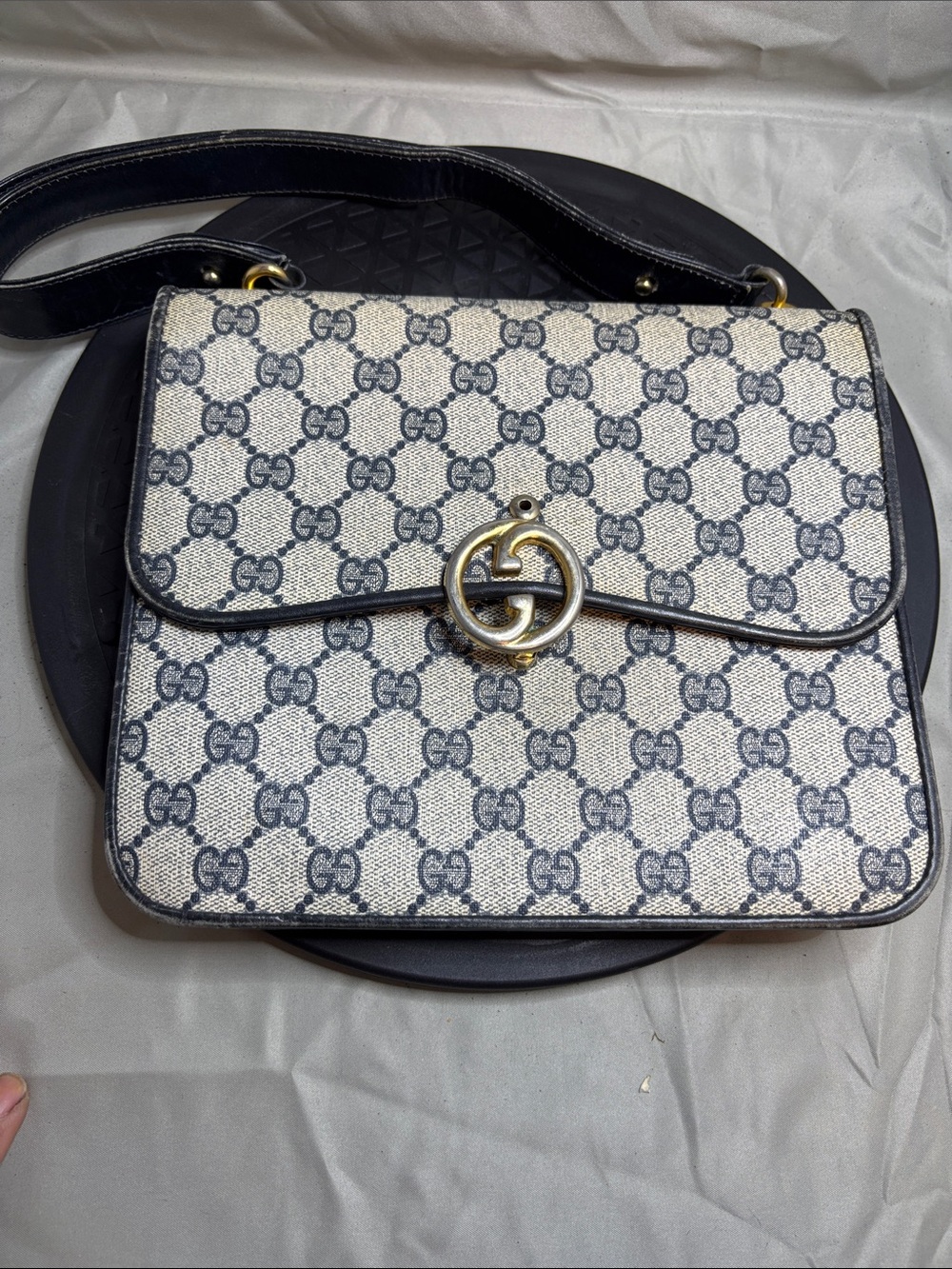 Gucci Beige and Black GG Canvas Shoulder Bag with Gold Double G